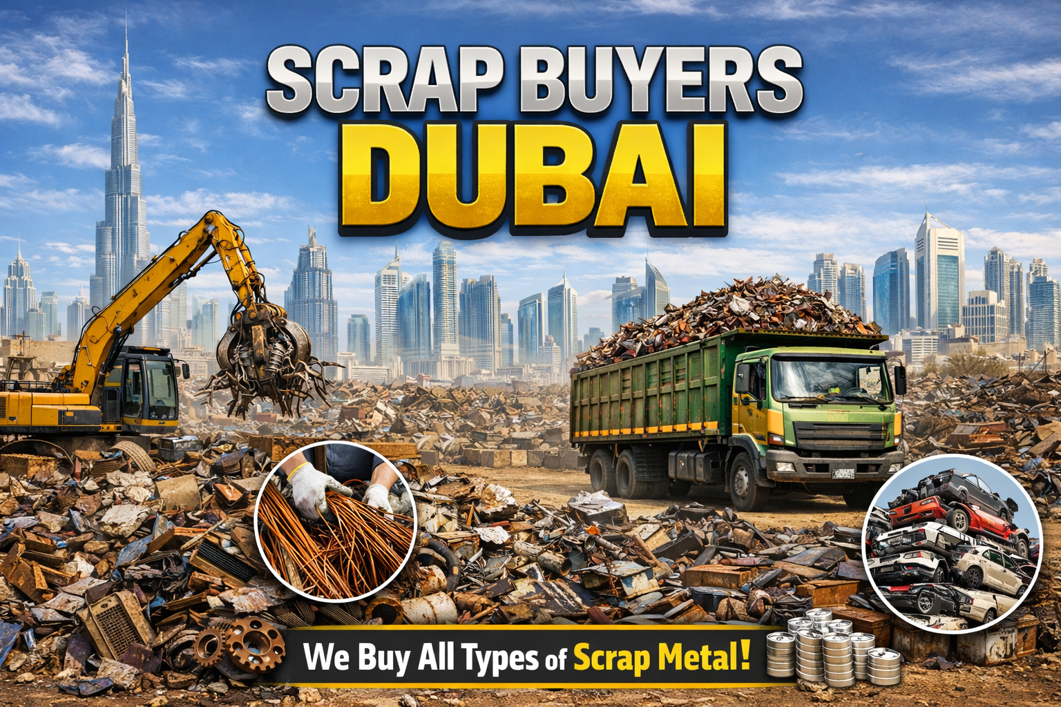 Scrap buyers in Dubai collecting metal scrap with truck and excavator at a scrapyard with Dubai skyline in the background